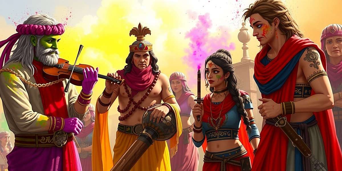 Cumin Chronicles Spice Dynasty Holi event showing game characters covered in colored powder celebrating with traditional music instruments