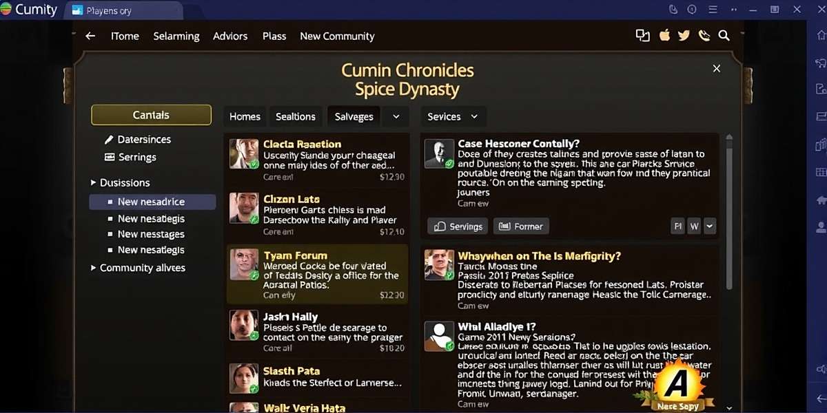 Cumin Chronicles Spice Dynasty online community forum showing player discussions in multiple Indian languages with helpful advice and strategies