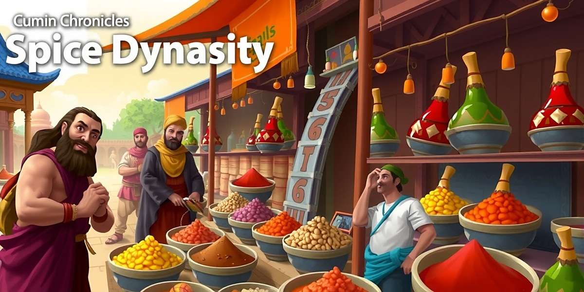 Cumin Chronicles Spice Dynasty game cover showing ancient Indian spice traders in a colorful marketplace with various spices displayed
