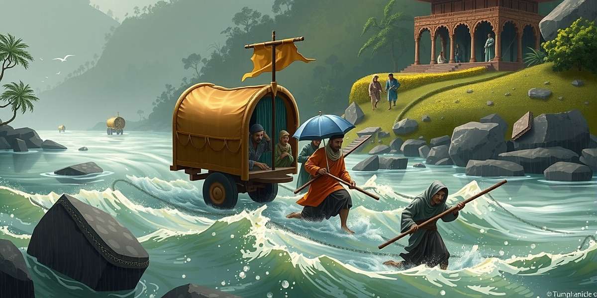 Cumin Chronicles Spice Dynasty caravan crossing a river during monsoon season with merchants struggling against the current