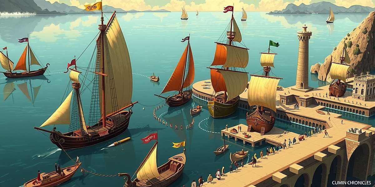 Concept art for Cumin Chronicles Spice Dynasty international expansion showing a multicultural trading port with ships from different civilizations